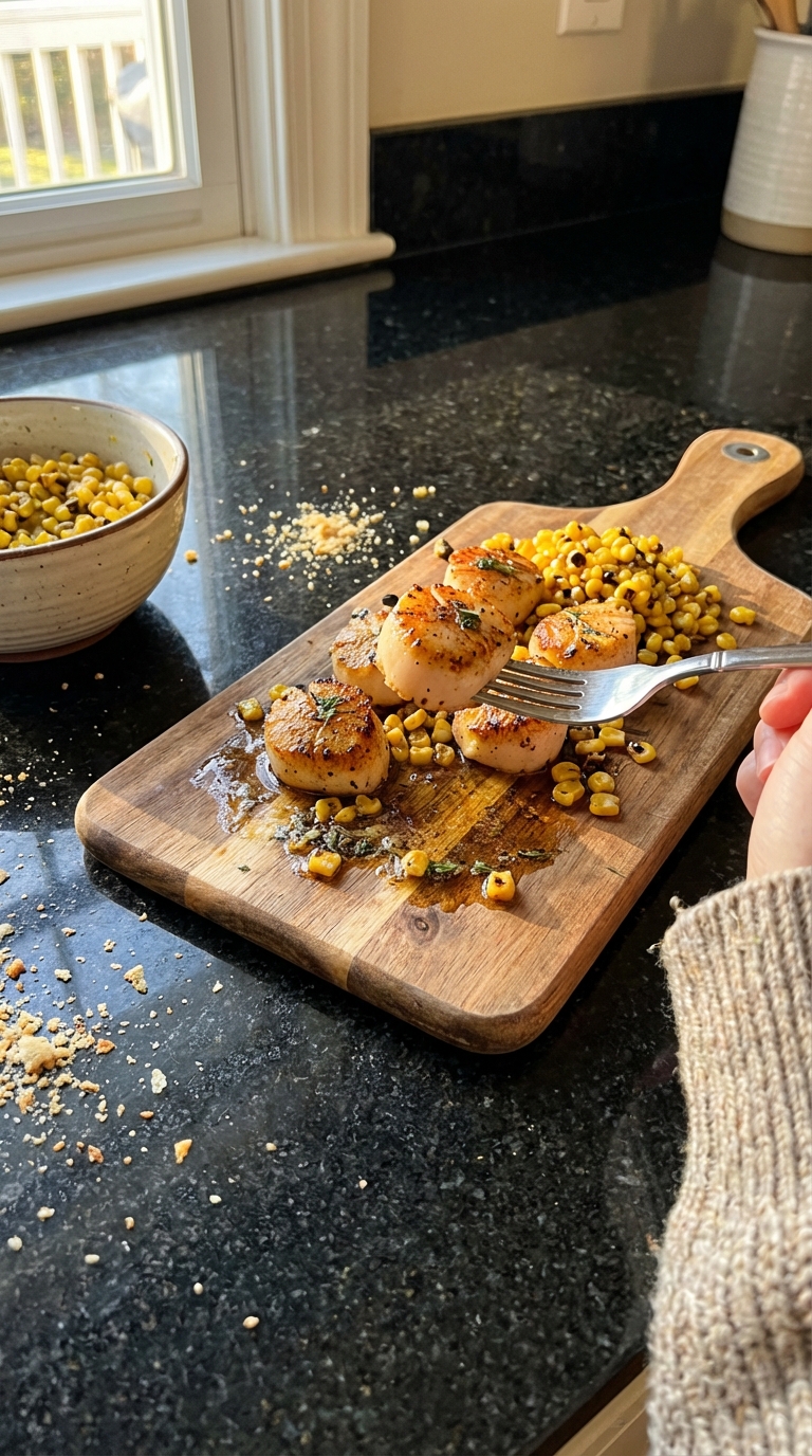 Gebratene Jakobsmuscheln mit Geröstetem Mais​