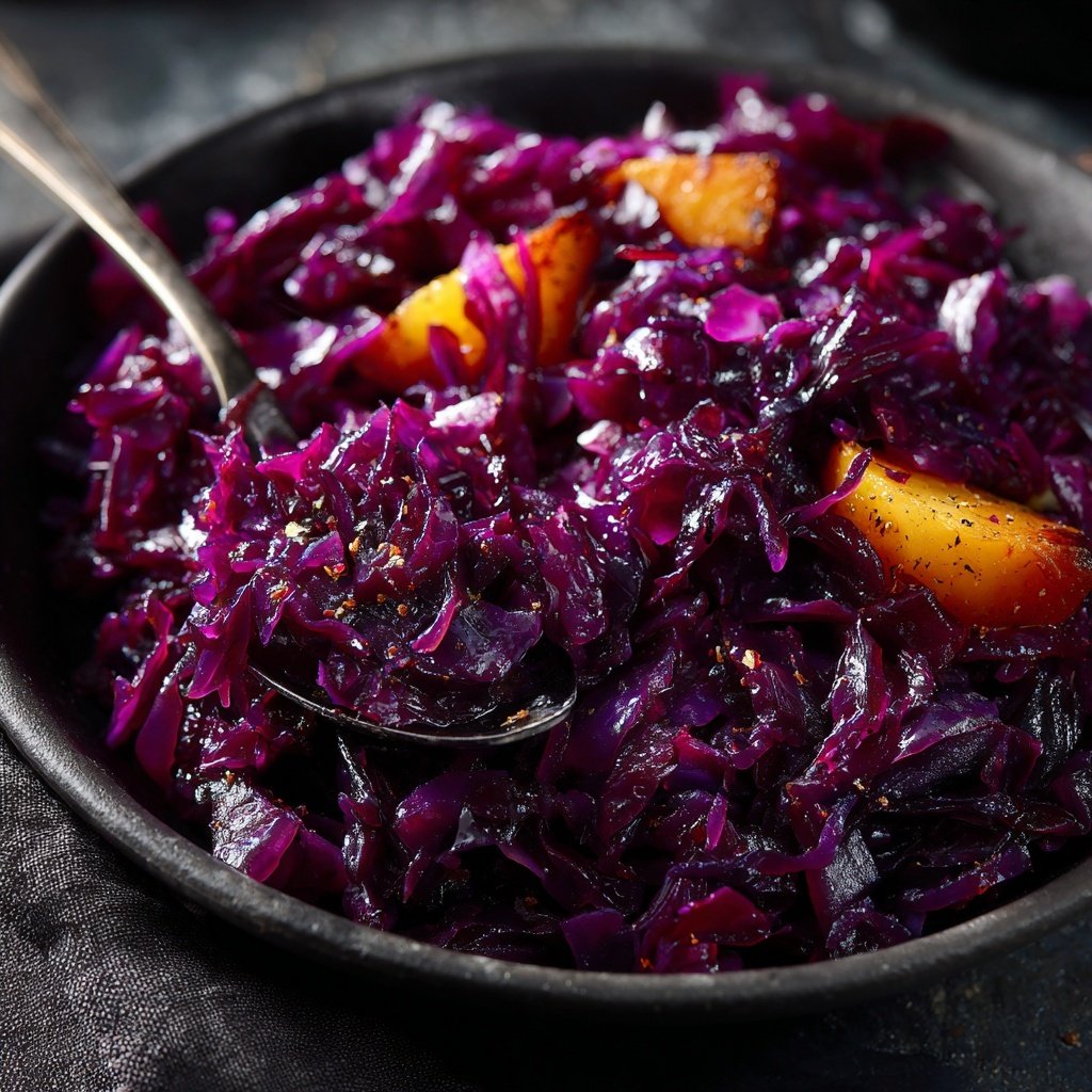 Rotkohl, Spekulatius-Soße und karamellisierten Kartoffeln